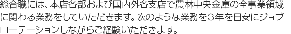 総合職には、本店各部および国内外各支店で農林中央金庫の全事業領域に関わる業務をしていただきます。ジョブローテーション制度を採用をしており、将来的には異動や転勤の可能性がございます。
    